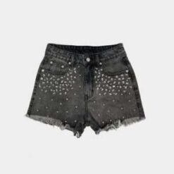 Gray High Waisted Denim Shorts with Gradient Rhinestone Embellishments