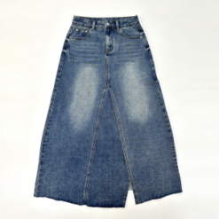 Wholesales OEM Blue Raw Hem Midi Denim Skirt