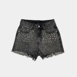Alternative view of Gray High Waisted Denim Shorts with Gradient Rhinestone Embellishments