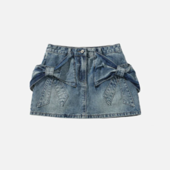 Custom Women Bow Blue Washed Denim Skirt