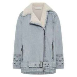 Women’s Oversized Faux Fur Aviator Denim Jacket – Washed Vintage Style