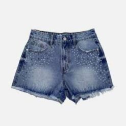 Women’s Distressed Rhinestone Denim Shorts – Light Wash High Waist