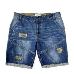 Men Embossed Blue Washed Denim Patchwork Jean Shorts