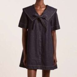 Custom Women’s Indigo Denim Dress with Oversized Collar and Bow