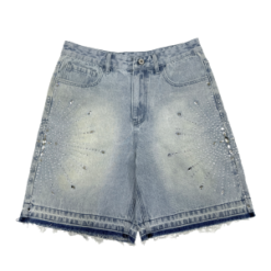 Relaxed Rhinestone Motif Bermuda Jorts – Mid Blue