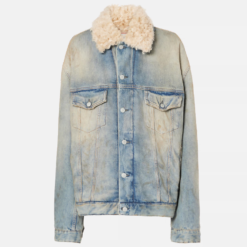 Alternative view of Women’s Faux Shearling-Lined Oversized Denim Jacket – Mid Blue Cotton Winter Coat