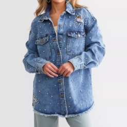 Women’s Oversized Crystal Denim Shirt Jacket – Rhinestone Vintage Indigo Shacket