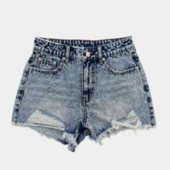 Women’s Mid Wash Denim Shorts with All-Over Rhinestone Embellishment