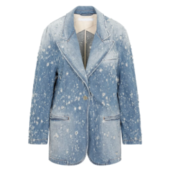 Women’s Distressed Oversized Denim Blazer Jacket – Stylish Blue Cotton Outerwear